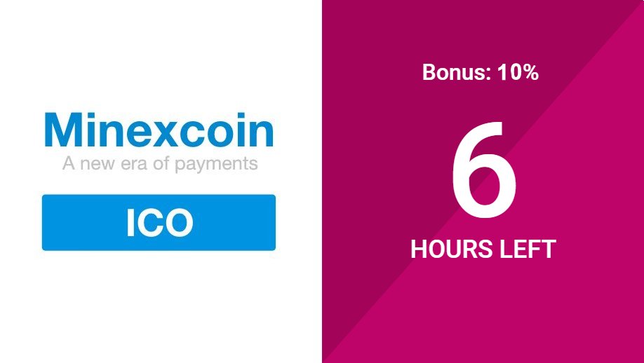 minexcoin's tweet photo. 6 hours left to get 10% bonus participating in Minexcoin ICO!
Investments are escrowed.

Join: https://t.co/P8aKGt5IRD https://t.co/AFwrmDllXc
