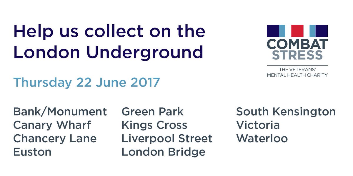 CombatStress's tweet image. Please help us to raise funds on June 22 at 11 London Underground stations. Click here to sign up: bit.ly/CSlu17