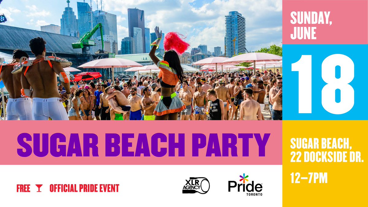 PrideToronto's tweet photo. Hit the beach for #PrideTO at our FREE Sugar Beach Party! ft. #RenatoCecin and @JeremyKhamkeo on Sunday, June 18 from 12 - 7 p.m. https://t.co/AiRYYFzXyG