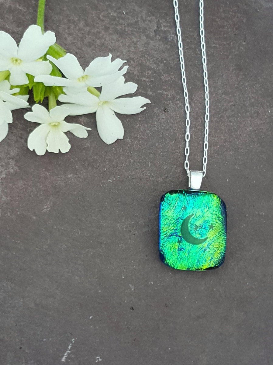 Funkifusion's tweet photo. Moon &amp; Stars Petite Pendant,  Fused Glass jewelry, Fused Glass Jewellery, Moon Pendant, Dichroic https://t.co/gVyPoII5aD #wife #birthday https://t.co/rfoasMPI7i