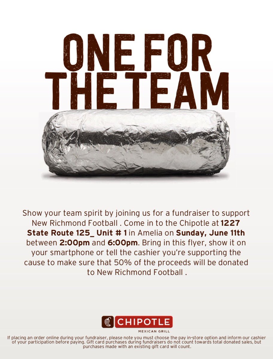 Join NR Football tomorrow for lunch/dinner @ Chipotle between 2 -6pm.