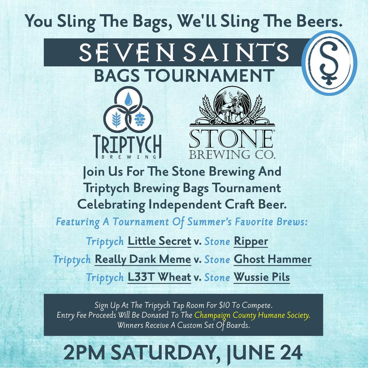 StoneIllinois's tweet photo. #Bags #Tourney @sevensaints w/ @TriptychBrewing &amp; @StoneBrewingCo June 24 proceeds to #HumaneSociety #TrueIndependentCraft https://t.co/CdNN1gnh6X