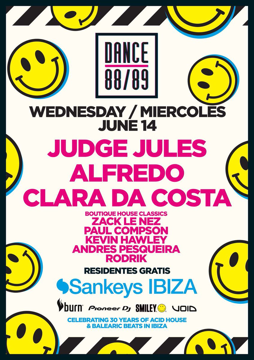 #YouAreSankeys

<a href="/RealJudgeJules/">Judge Jules</a> | <a href="/AlfredoFiorito/">Alfredo Fiorito</a> | <a href="/claradacosta/">DJ Clara Da Costa</a> 

This Wednesday at @SankeysIbiza 

#30YearsOfAcidHouse