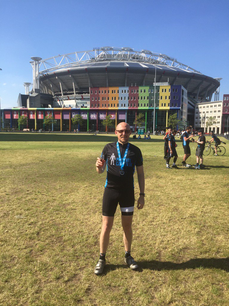 spinprint's tweet photo. Dan enjoying a well deserved glass of Cava at Amsterdam Arena after his 145 mile charity ride for Prostate cancer https://t.co/X03D4NSM59