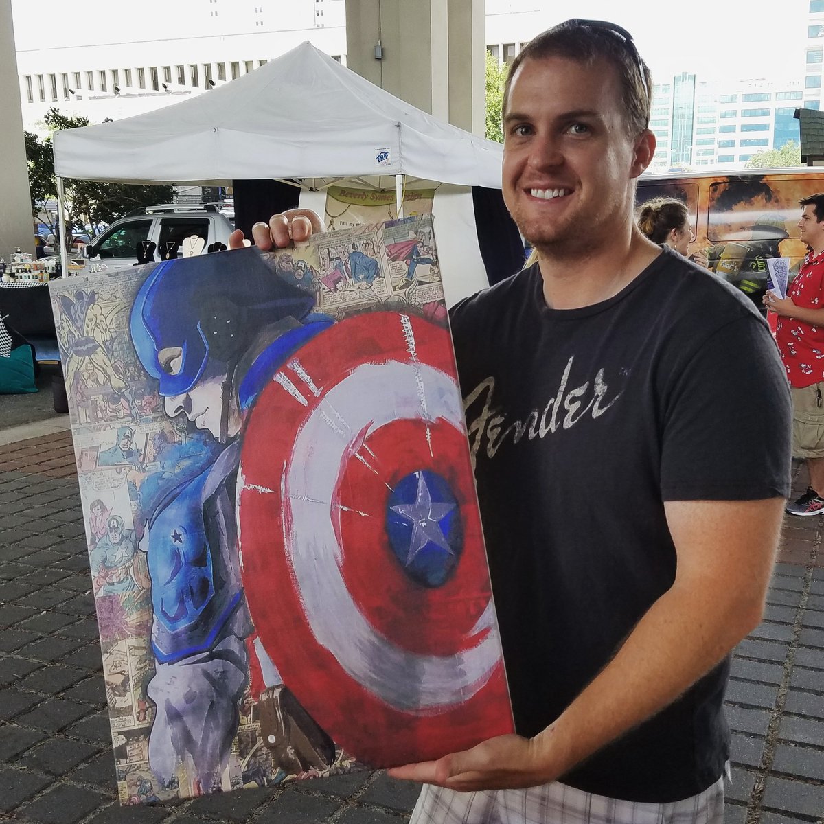 Look at that grin! He just picked up this Cap for his brother Corey. Thanks for the support, bud.

#captainamerica #riversideartsmarket