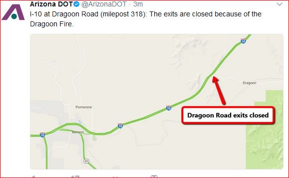 CCFirenIncident's tweet photo. From #ADOT:We do have #DragoonRoad exits closed now because of nearby firefighting operations. #I10 exit ramps to Dragoon Rd closed.#AzDPS https://t.co/ZAkTR6U5fr