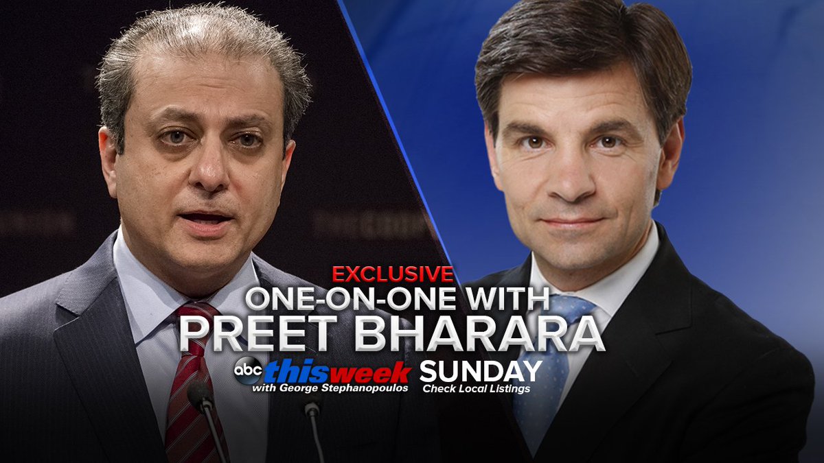SUNDAY EXCLUSIVE on #ThisWeek: <a href="/PreetBharara/">Preet Bharara</a> sits down with <a href="/GStephanopoulos/">George Stephanopoulos</a> for his first TV interview since being fired by Pres. Trump