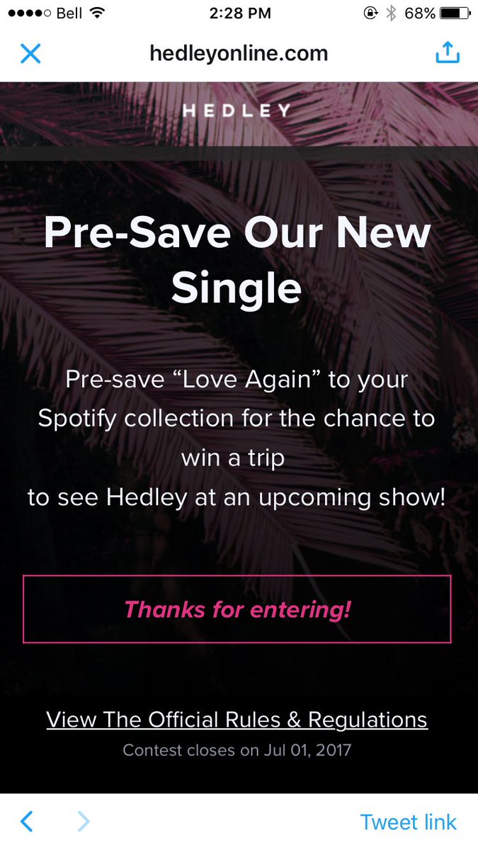 mattplaskettt's tweet photo. @Hedleyonline @Spotify entered!! #LOVEAGAIN https://t.co/Z1xZf0wtcb