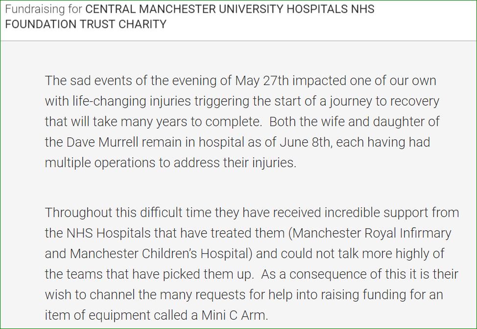 HPE Dave Murrell’s family was hurt in #Manchester. Let’s unite &amp; raise £ for gear for the Children’s Hospital. More: goo.gl/hgeyyz