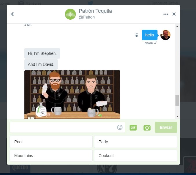 danieddo's tweet photo. @Patron aqui un screenshot del inicio. se le envia un DM a @Patron y comienza a preguntarte como quieres tu cocktel #MarketerosNocturnos #chatbotmn https://t.co/eUyrrNghzL