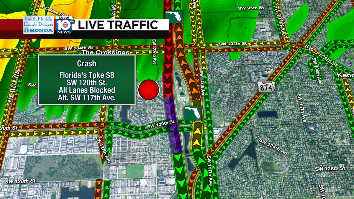CRASH: Florida's Tpke SB & SW 120th St. All lanes blocked. Expect heavy delays. Alt. SW 117th Ave. #TRAFFIC #MIAMI https://t.co/cTesf22Xwr
