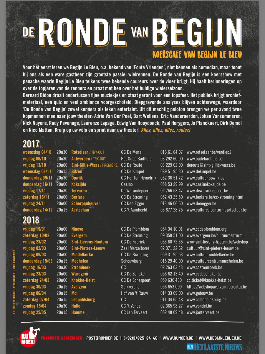 BegijnLeBleu's tweet photo. Volgend seizoen gaat De Ronde van Begijn van start. Het koerscafé op toernee langs de Vlaamse Culturele Centra. Allez, allez, roulez! https://t.co/xJf9ZucH3b