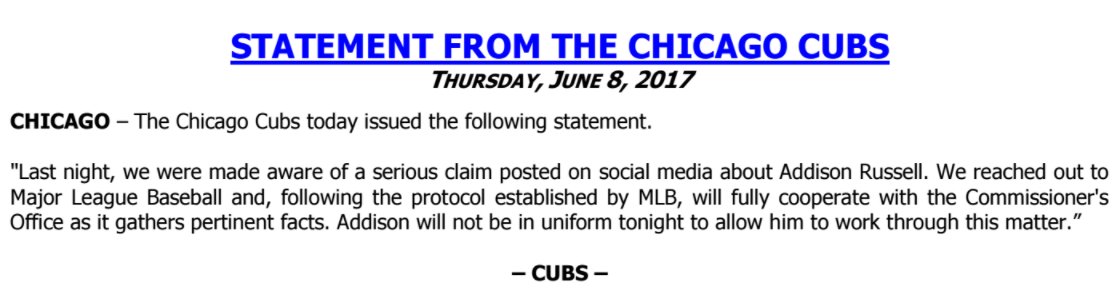 BleacherNation's tweet photo. The Cubs have released a statement on Addison Russell. https://t.co/gqroq7UY4P