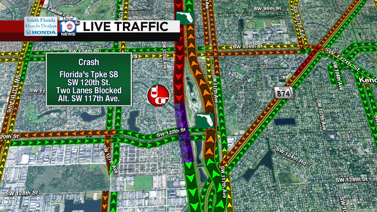 UPDATE: Florida's Tpke SB & SW 120th St. Two lanes are now blocked due to a crash. Expect heavy delays. #TRAFFIC https://t.co/TGhpE9C4IB