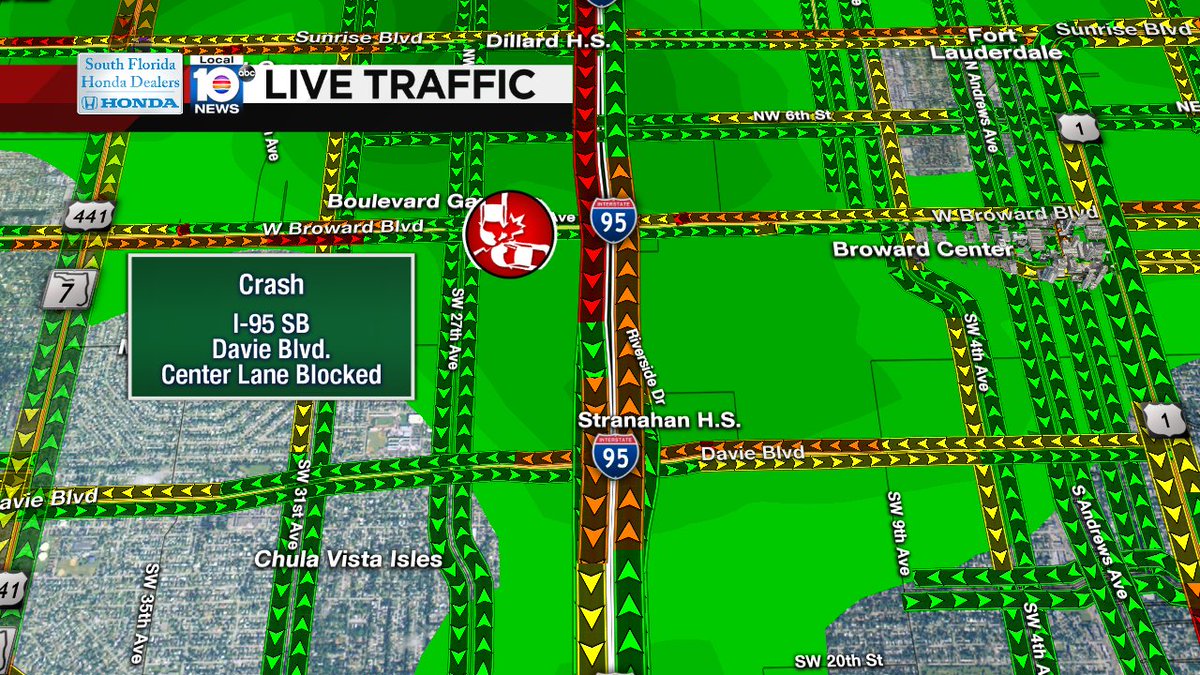 CRASH: I-95 SB & Davie Blvd. A center lane is blocked. #TRAFFIC https://t.co/j31iVBukA7