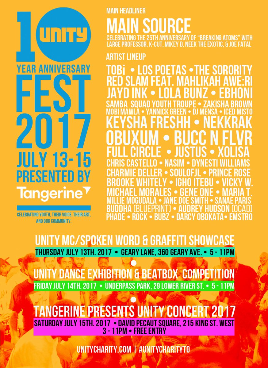 unitycharity's tweet photo. #TORONTO!! Unity Festival is back July 13-15 and we are celebrating 10 years of Hip-Hop, Dance, Spoken Word, MC'ing and Beatbox! #MustSee https://t.co/YPTkaZHnWb