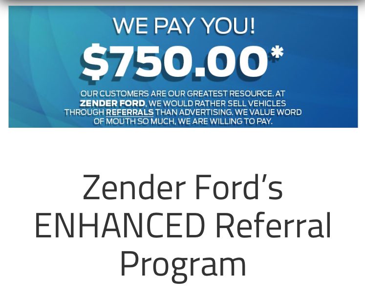ZenderFord's tweet photo. Did you know that Zender Ford has a Referral Program!!😀
We pay YOU $750!! 

Learn more by clicking the link below. 😊
https://t.co/OfFNViEuDo https://t.co/OfZvAc43uE