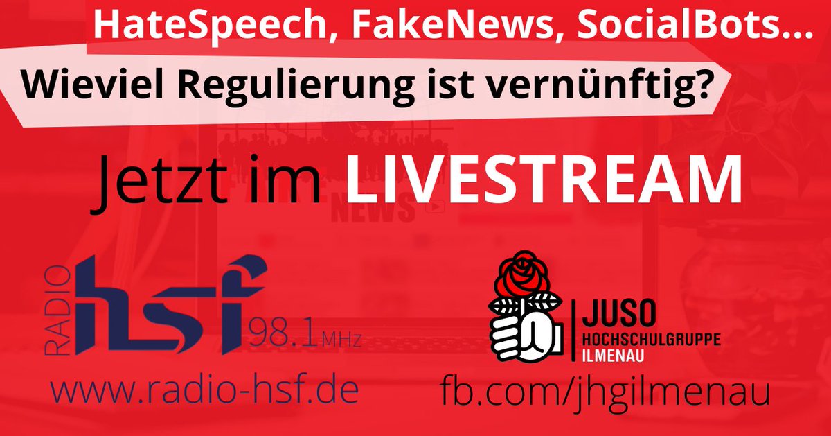 Verfolgt uns live im <a href="/hsf/">radio hsf</a> Stream  HateSpeech, FakeNews, SocialBots - Wieviel Regulierung ist vernünftig? #HateSpeech collins.hsf.tu-ilmenau.de:8000/hsf.mp3.m3u