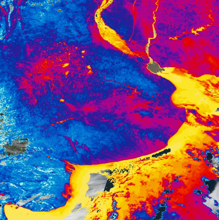 joacolascombes's tweet image. Imagen satelital nocturna Terra Aqua del 02-06-17. De - a + temperatura, celeste-azul-rosa-rojo-naranja-amarillo. #agdron #inundacionesarg