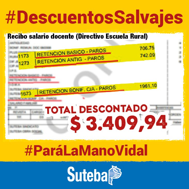 SUTEBAProvincia's tweet image. Rechazo absoluto a #DescuentosSalvajes en los Salarios Docentes   bit.ly/2rM9z9f
#ParaLaManoVidal
