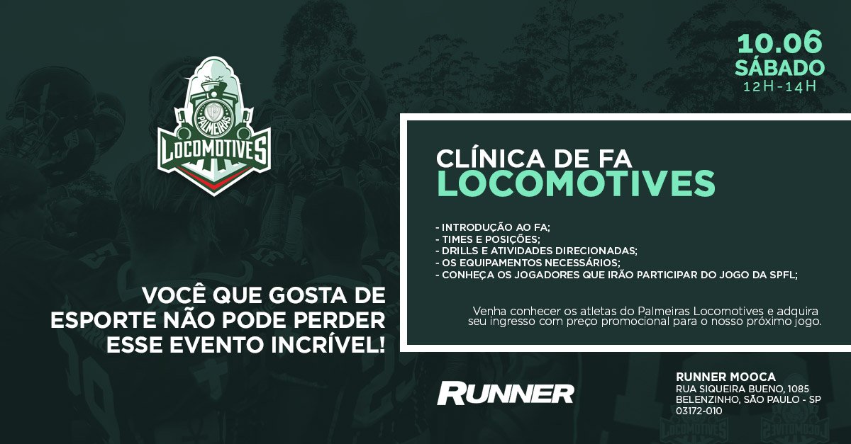 locomotives's tweet photo. Sábado, 10/06, o Locomotives e a Runner Mooca promoverão um evento focado em FA. Só vem!! #locomotives #Runner #RunnerMooca #Palmeiras https://t.co/5SVMJgCh7g