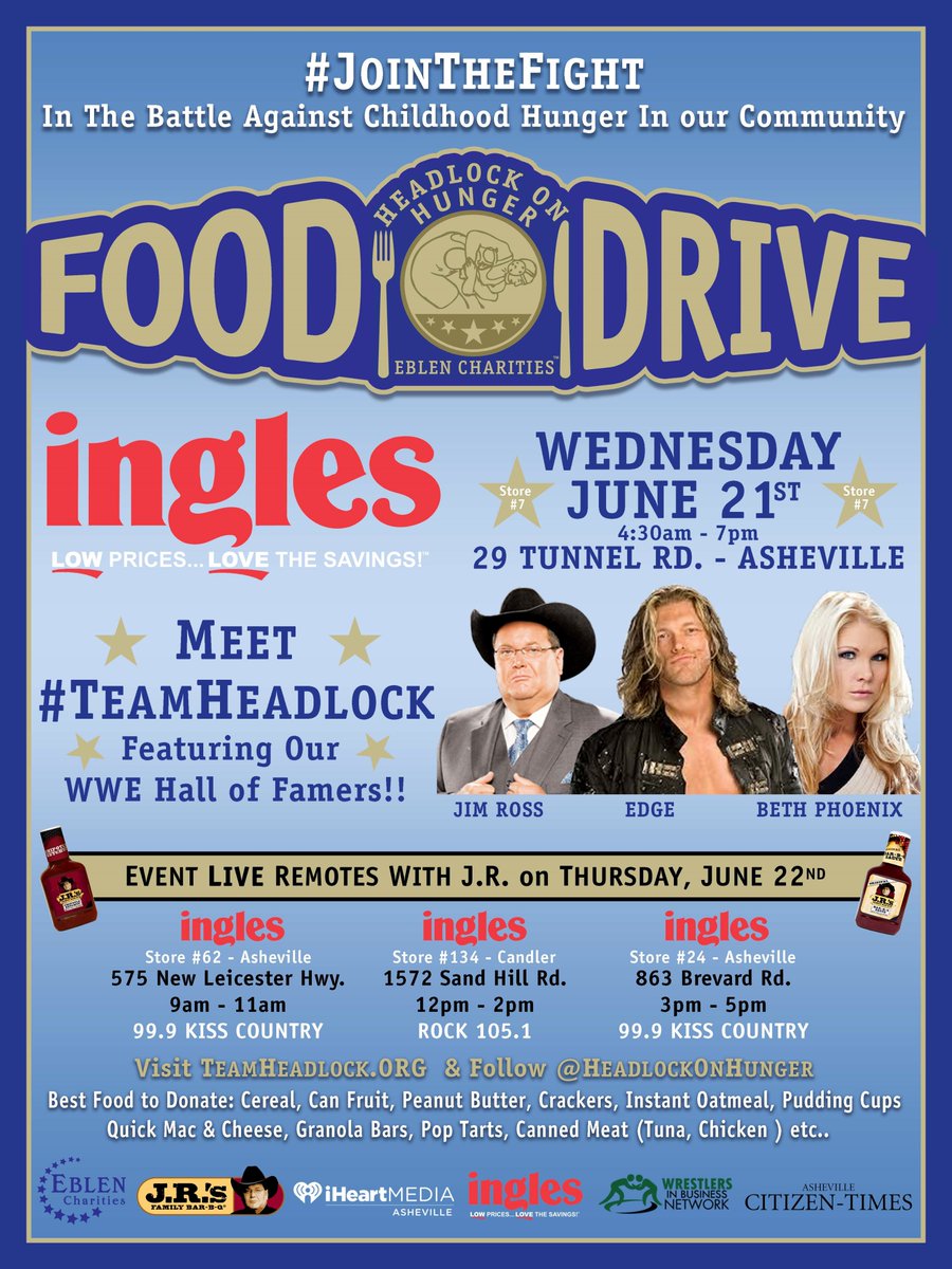 eblencharities's tweet photo. #HeadlockonHunger Food Drive @InglesAdvantage with @JRsBBQ @EdgeRatedR @TheBethPhoenix Wed JUNE 21 Ingles 29 Tunnel Rd.  #teamheadlock https://t.co/mDPWEE4AC6