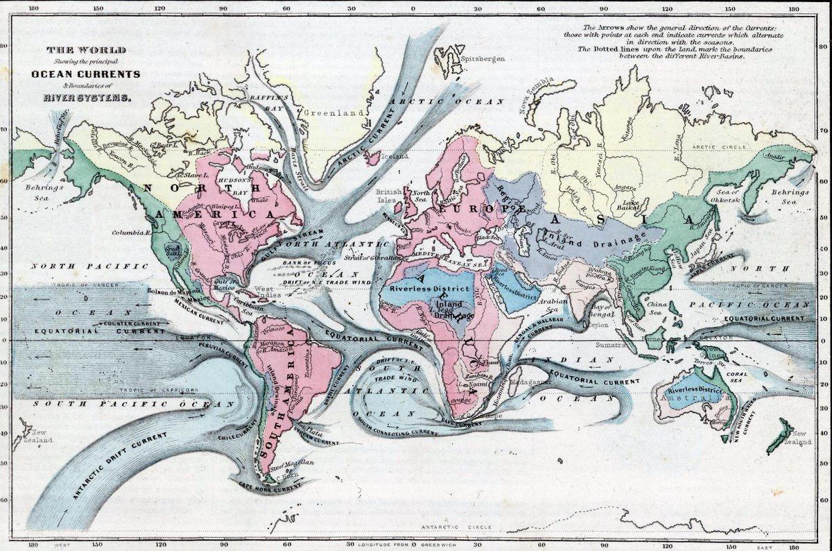HydroBeth's tweet photo. On #WorldOceansDay, an 1858 map of principal ocean currents & river-system boundaries, by Richard Swanson Fisher. Thanks @DavidRumseyMaps. https://t.co/KJLi6h0zIZ