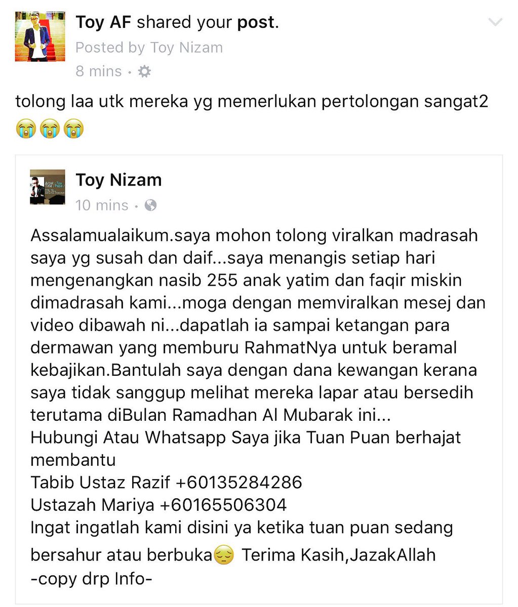 ToyNizam's tweet photo. jom bantu dorg jom!.. πππ
#fasting #ramadan #dua #donationsneeded #day14th
#toy #_toysoldiers_ #hyperactband #hypebeatsdnbhd #hyperactivist https://t.co/6CfsrrJT2P