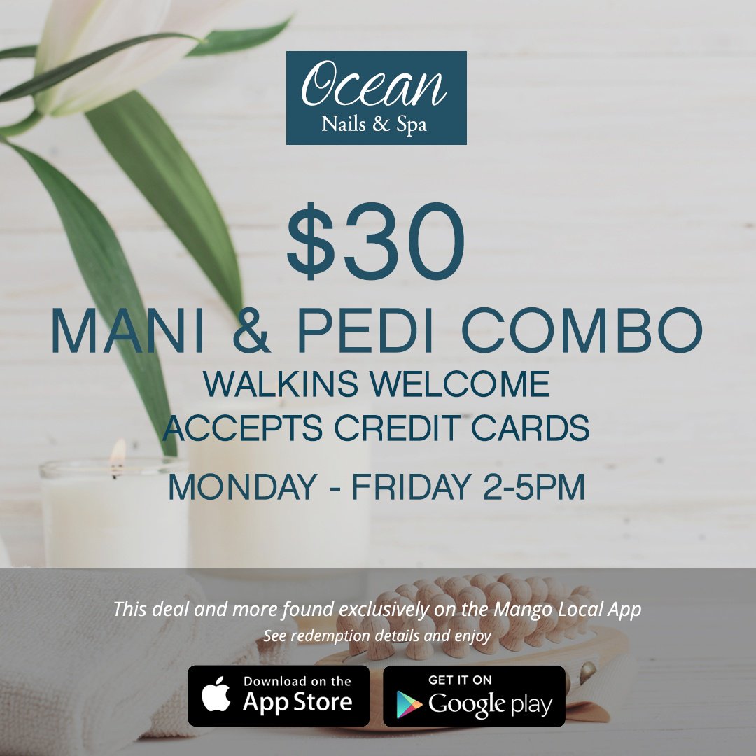 MangoLocal's tweet image. Is #treatyourselfthursday a thing? Should be! Get a mani/pedi combo at Ocean Nails &amp;amp; Spa for only $30 using the app every weekday 2-5pm