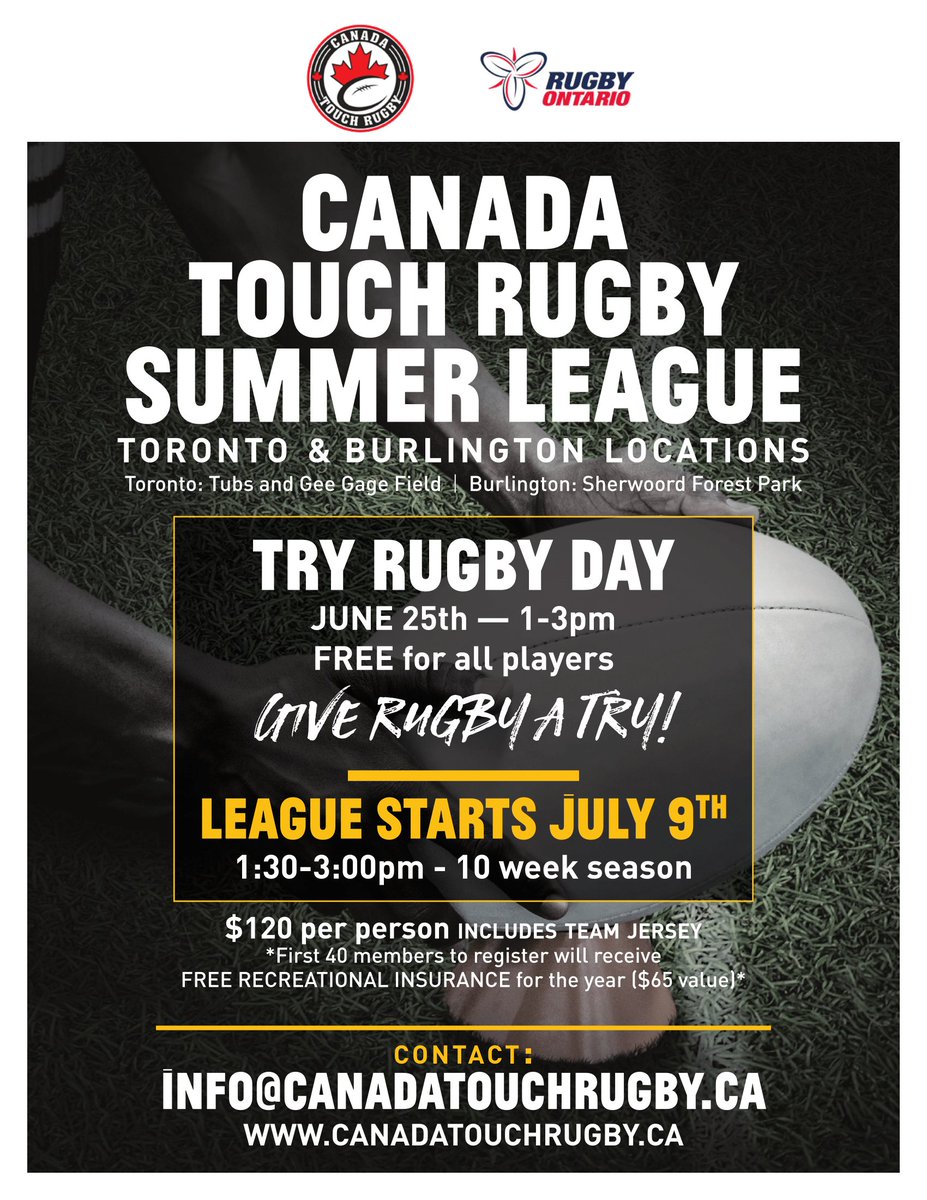 Canada Touch Rugby: registration open for summer leagues! Attend one of their Try Rugby Days on June 25.

More info: gtarugby.com