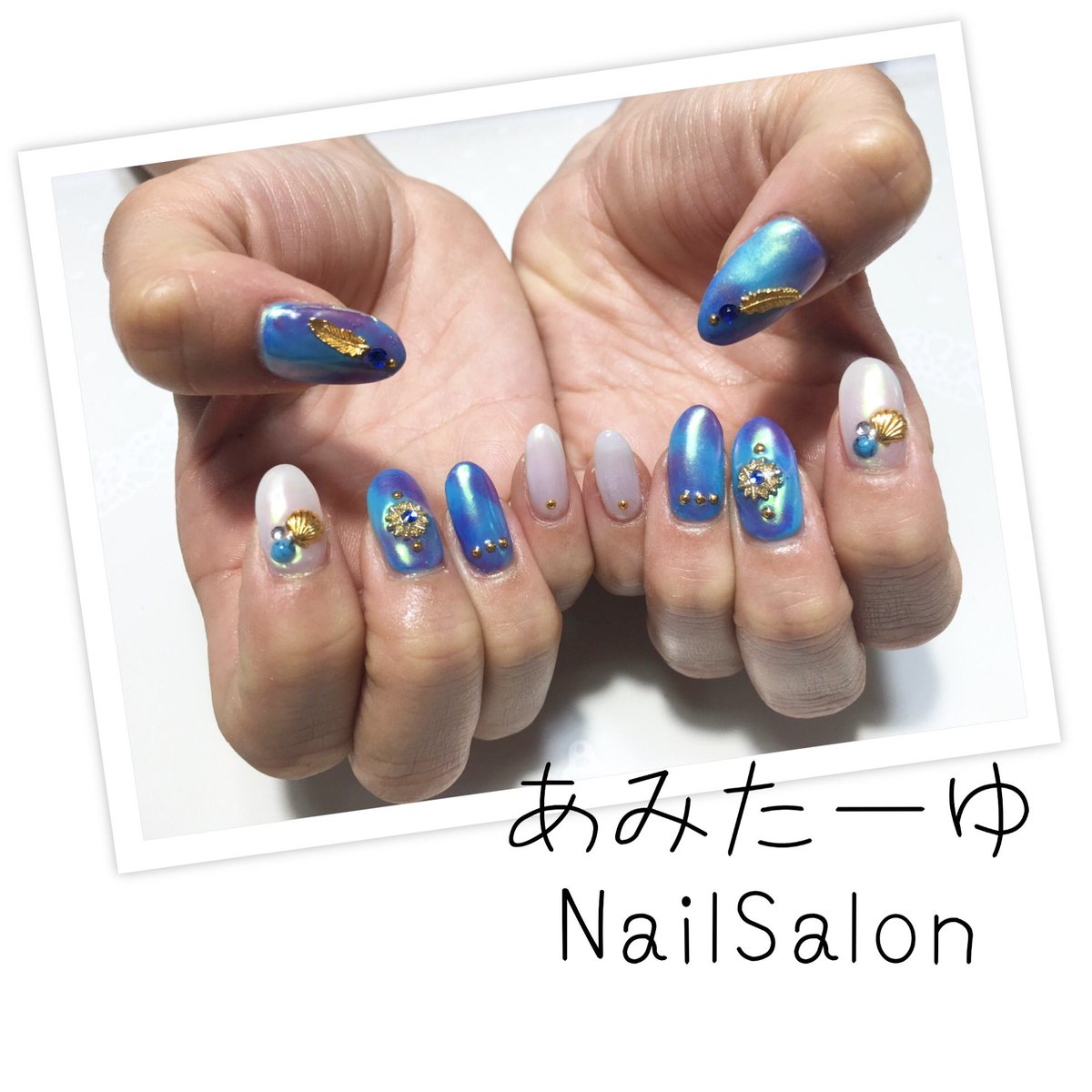 あみたーゆnailsalon あみたーゆネイルサロン ジェルネイル Happy オーシャンネイル リゾートネイル 梅雨も指先から楽しんじゃいましょー リゾートなオーシャンネイルをご紹介 ブルーベースのカラーマーブルアートに人気のオーロラパウダー仕上げで