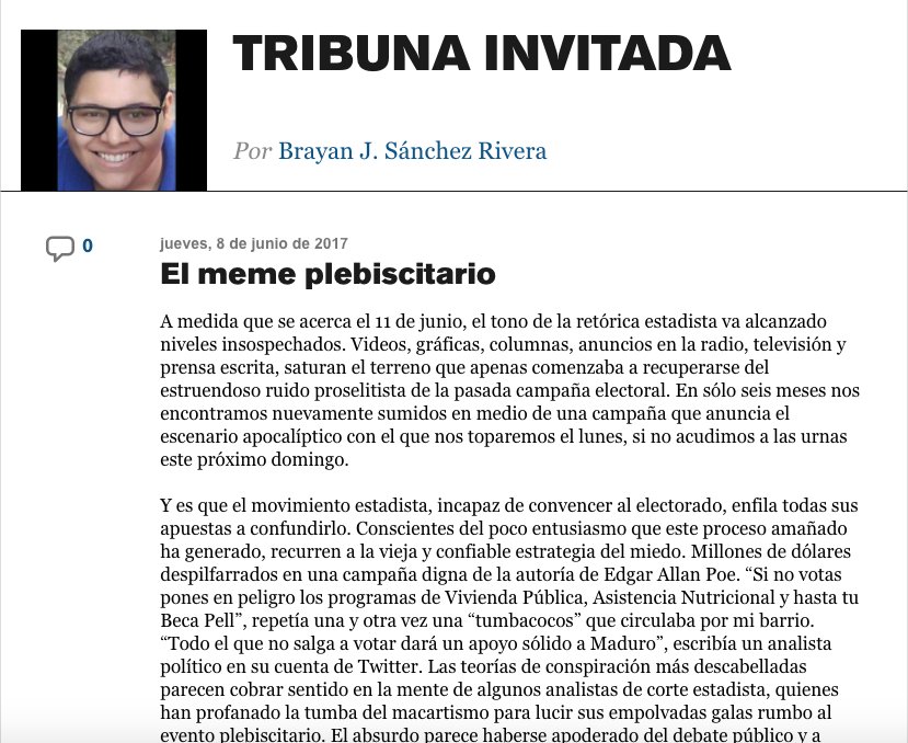 BrayanJSanchez's tweet photo. Los invito a leer mi columna publicada en @ElNuevoDia titulada "El meme plebiscitario". https://t.co/GwxP1kajPQ https://t.co/Nciwrljo6a