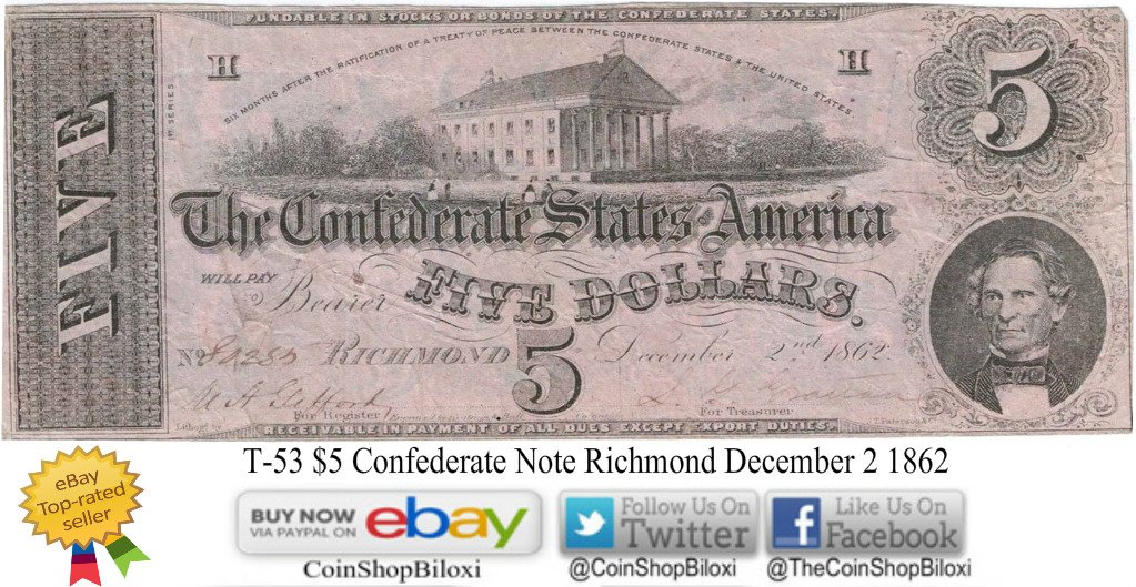 CoinShopBiloxi's tweet photo. 💻 #BuyItNow on #eBay 💻T-53 $5 #ConfederateNote Richmond -->https://t.co/5MACQY9p8E
#Notaphily #PaperMoney #Currency #BankNote https://t.co/dfT003c87N