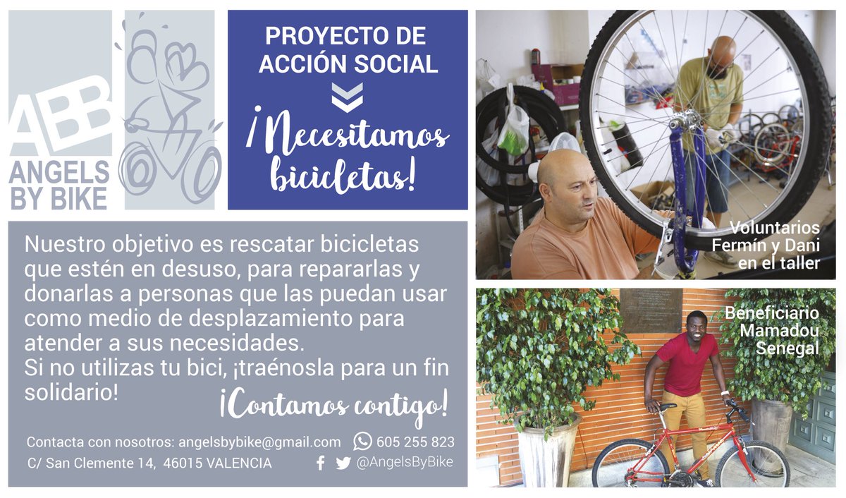 AngelsByBike's tweet photo. ¡Necesitamos bicis! Ayudamos a personas en riego de exclusión social que necesitan una #bici para sus desplazamientos. https://t.co/8PY2HpWjSz