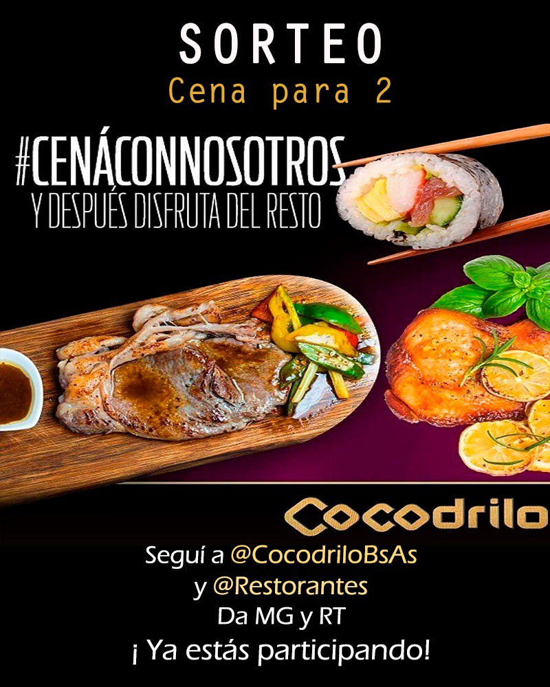 JulioDeAlmagro's tweet photo. #Sorteo x #UnaCenaParaDos en @CocodriloBsAs nuestro @RestoFavorito. Mencionanos en este tuit y ya #Participas #LaGenteVota @LosResto https://t.co/T2pZioa1Qf