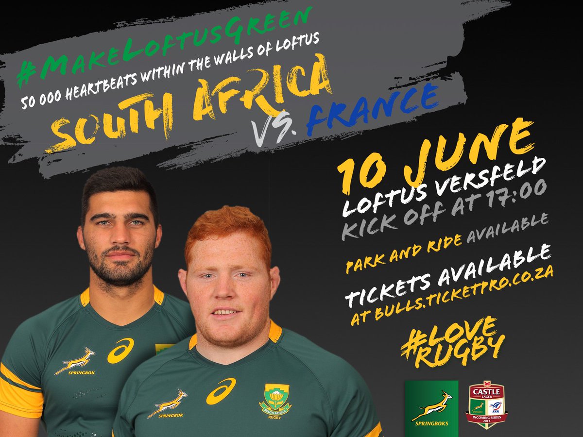 Remember to get your tickets for the Springboks v France test match at Loftus Versfeld.

#MakeLoftusGreen