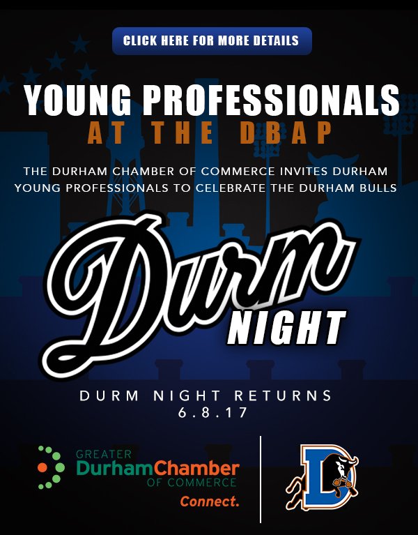 DurhamChamber's tweet photo. Durham Chamber is celebrating #DURMnight with @DurhamBulls and @DurhamYPN Get your ticket now -->https://t.co/u8NABcxb4b https://t.co/6xI86be4YK