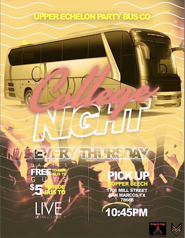 WhatsUp5ive's tweet photo. Thirsty Thursday's!!๐
๐
Come ride the #Bus2Live with @WeAreEchelon__ ๐
It's always lit๐ปโผ๏ธ
Ladies ride FREE ๐ Guys $5๐ต
$10 cover at the door https://t.co/PdChgJsvx6