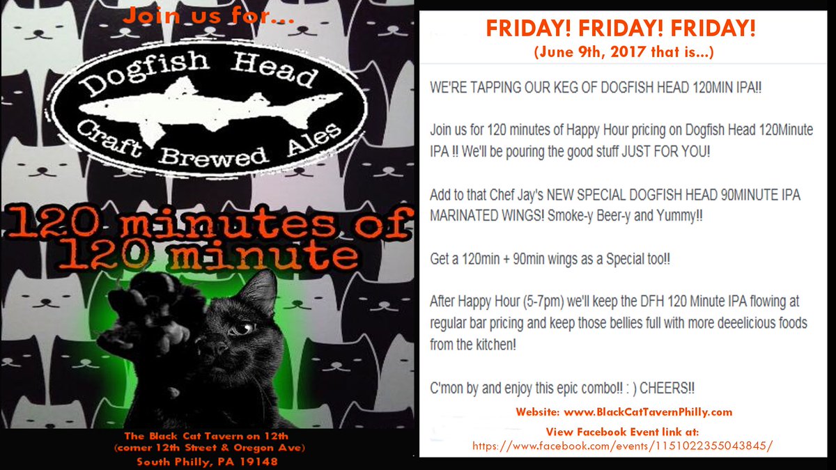 BlackCatTvrnPHL's tweet photo. Yo #Philly! We're tappin' our @dogfishbeer #120MinIPA for #PhillyBeerWeek !
#HappyHour prices btwn 5-7pm! &amp; DFH #90MinIPA #wings ! 
#PBW2017 https://t.co/HFaLr93dm8