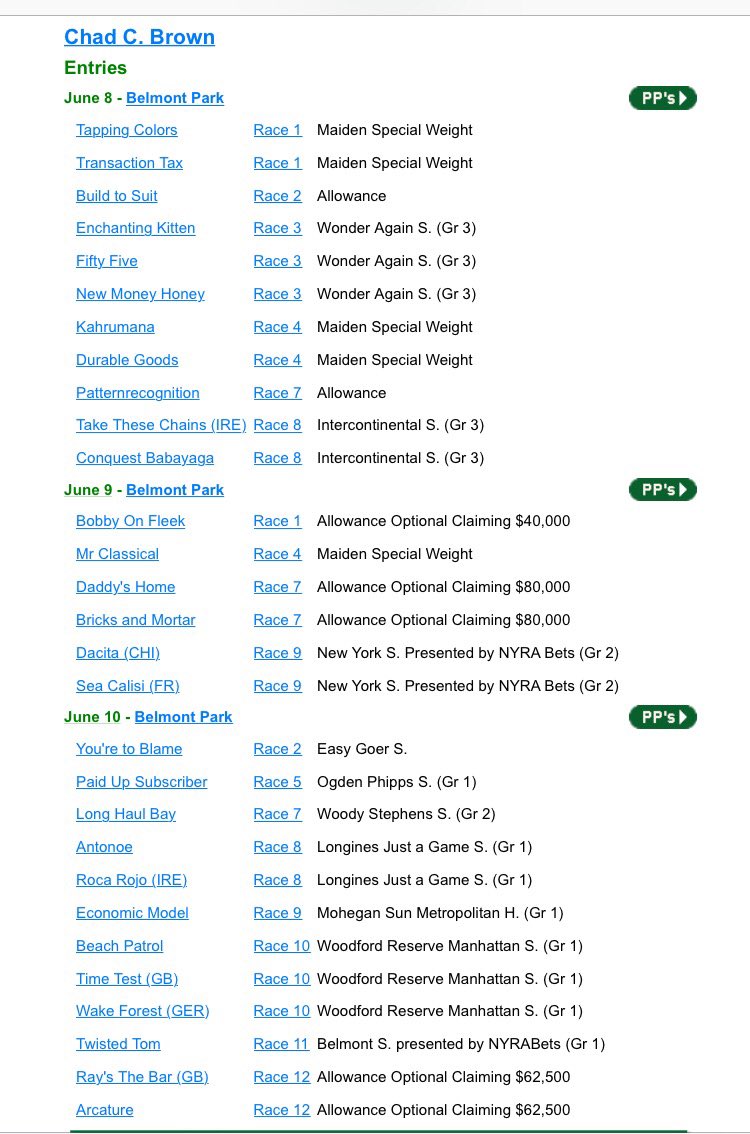 SaratogaSlim's tweet photo. Chad Brown gets his 1st win of #BelmontStakes Festival with NEW MONEY HONEY in #WonderAgain &amp; has 29 horses entered overall over 3 days here https://t.co/fYsCRybItE