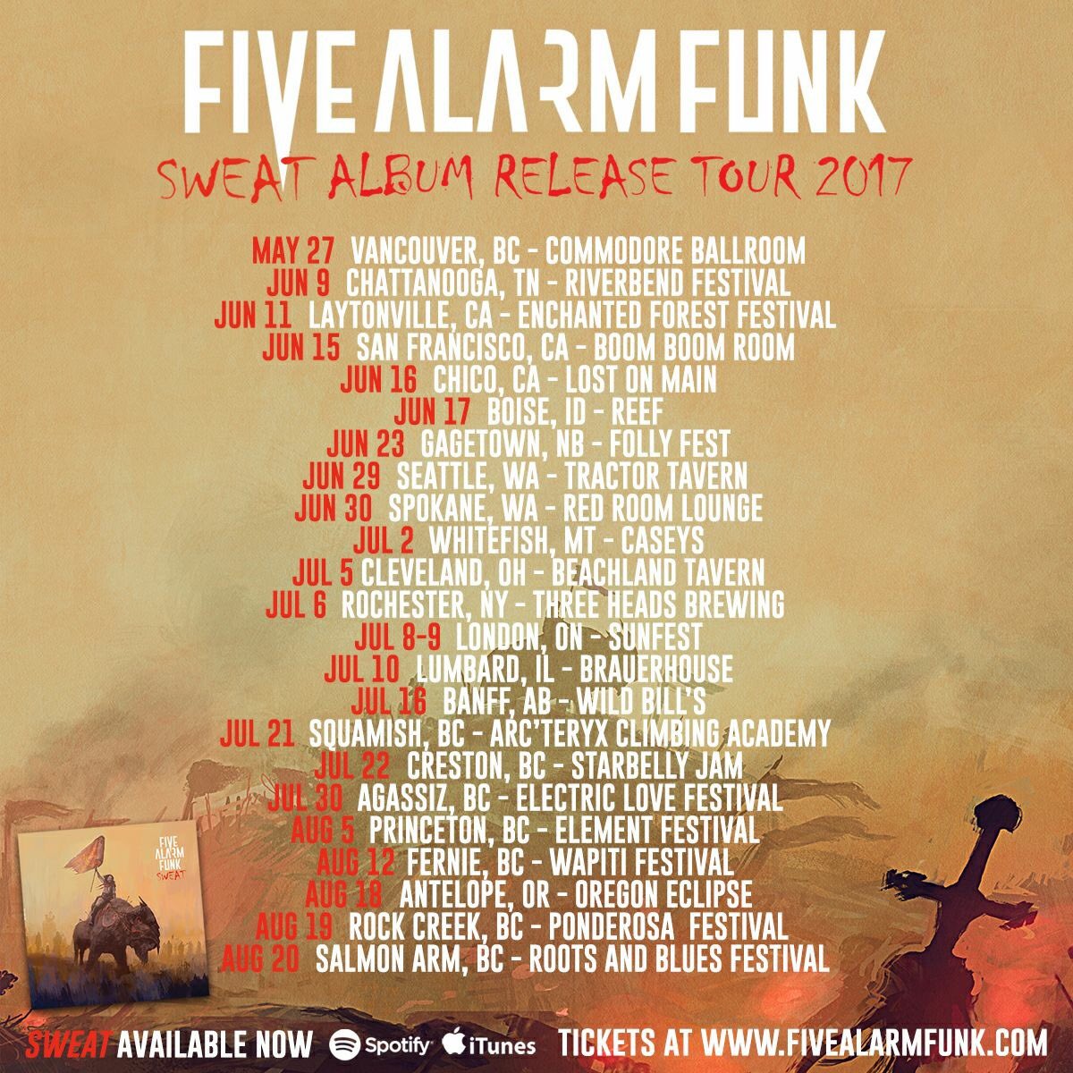 FiveAlarmFunk's tweet photo. We're bringing the FUNK to the PEOPLE like never before! 24 shows and counting for our North American Release Tour! #SweatTour2017 🇺🇸🇨🇦🎉🎶✈️ https://t.co/fN5TNxafEq
