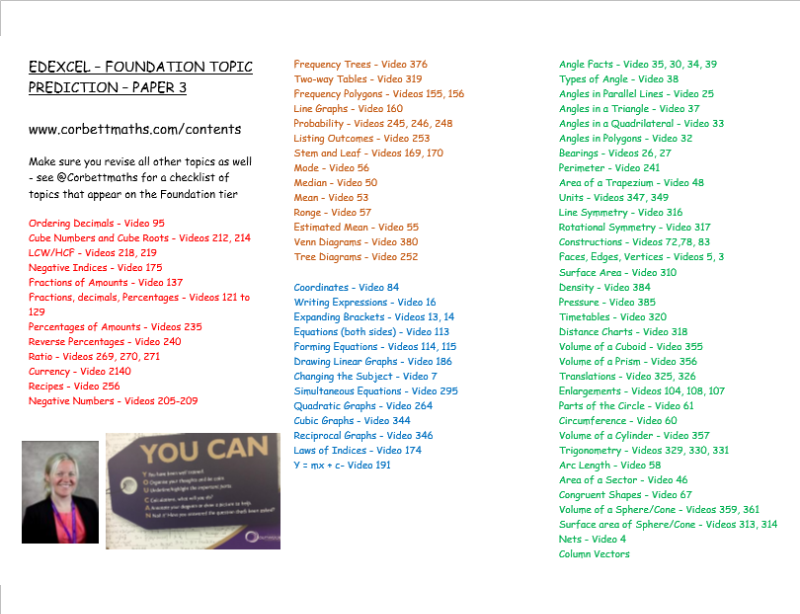 Outwood_Valley's tweet photo. Y11 - Here are the topic predictions for the Maths paper 3 - Thank you @Corbettmaths #letsgetrevising #Ican #success https://t.co/V6mu6cogZb