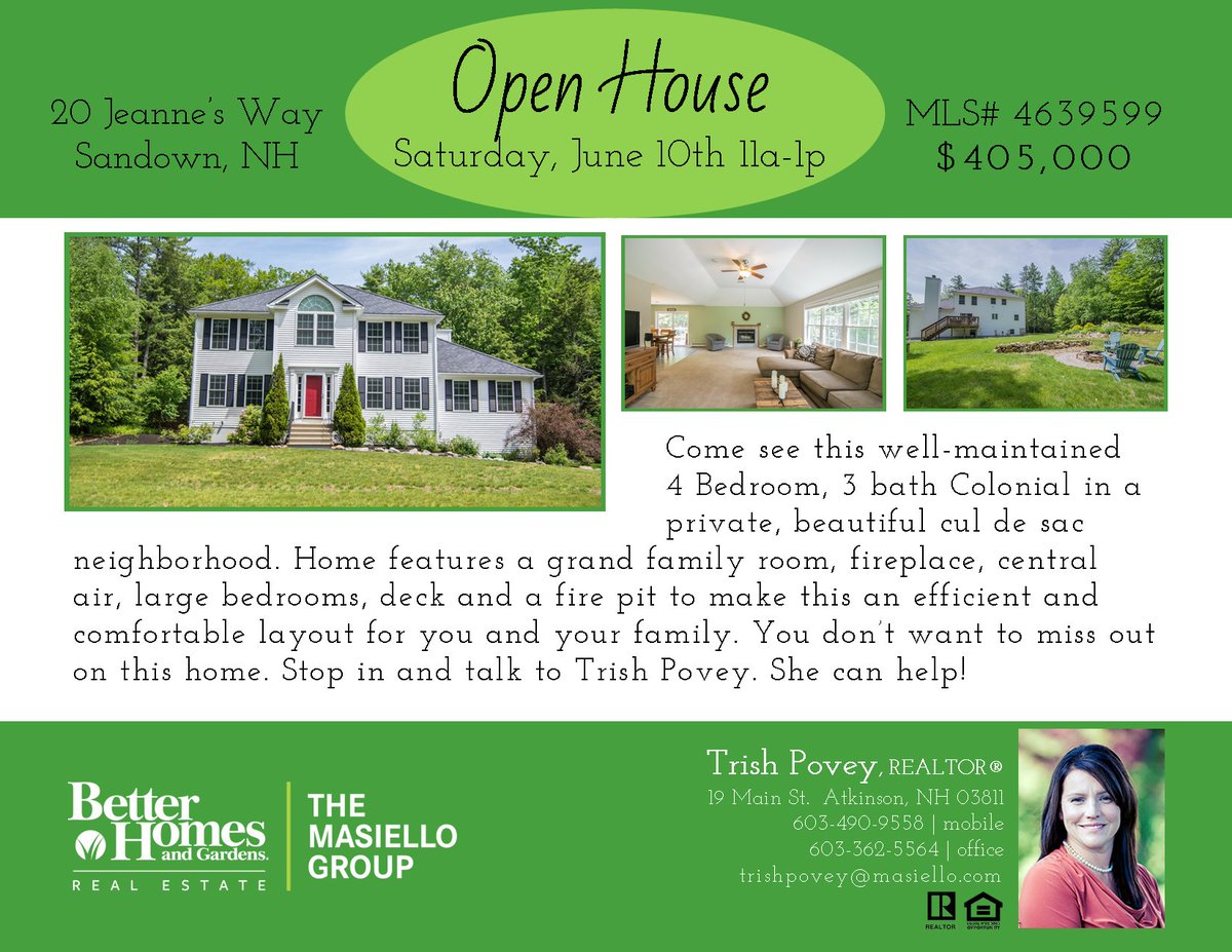 tmgatkinson's tweet image. @TrishPovey will host an Open House for 20 Jeanne's Way in Sandown this Saturday, June 10th from 11am-1pm. Take a look!!