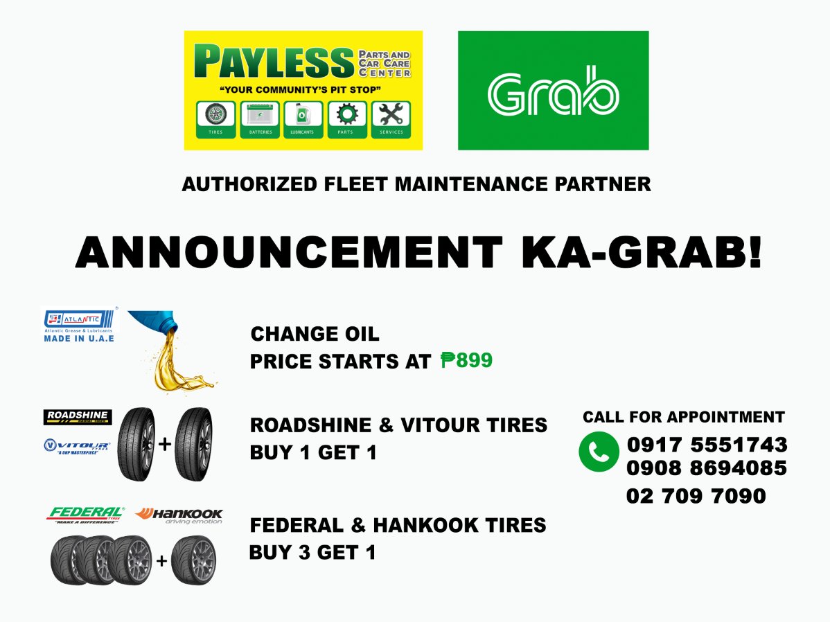 PaylessParts's tweet photo. Ka Grab @grabph Need #ChangeOil? We offer as low as P899 Change of  #Tires ? 
#Grab our Buy 1 Take 1 OR 3 Take 1 Promo!
Call Now 09175551743 https://t.co/058rpP4YPd