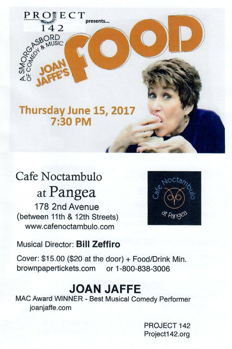 JoanJaffe's tweet photo. Joan Jaffe's FOOD - hear tasteful songs, Harpo horns, see a real rubber chicken - Cafe Noctambulo at Pangea (NYC) one night only 6/15/2017 https://t.co/BVSMmWTTpt