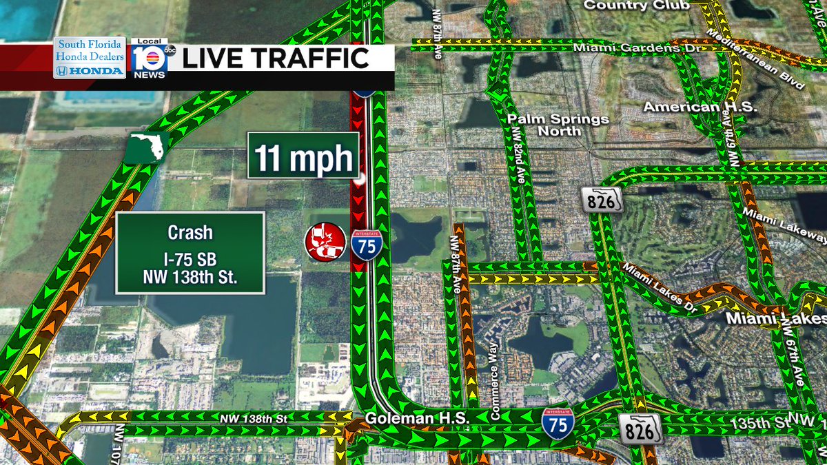 CRASH: I-75 SB & NW 138th St. Three lanes are blocked and delays stretch back to Miami Gardens Dr. Expect delays. https://t.co/Gj3S9fsxK7