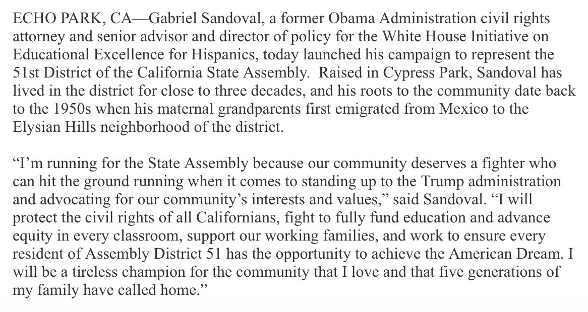 cmaiduc's tweet photo. Attorney Gabriel Sandoval, a former Obama White House advisor, is latest to officially announce for AD51. He filed to run Wednesday. https://t.co/Dj681VAiX1