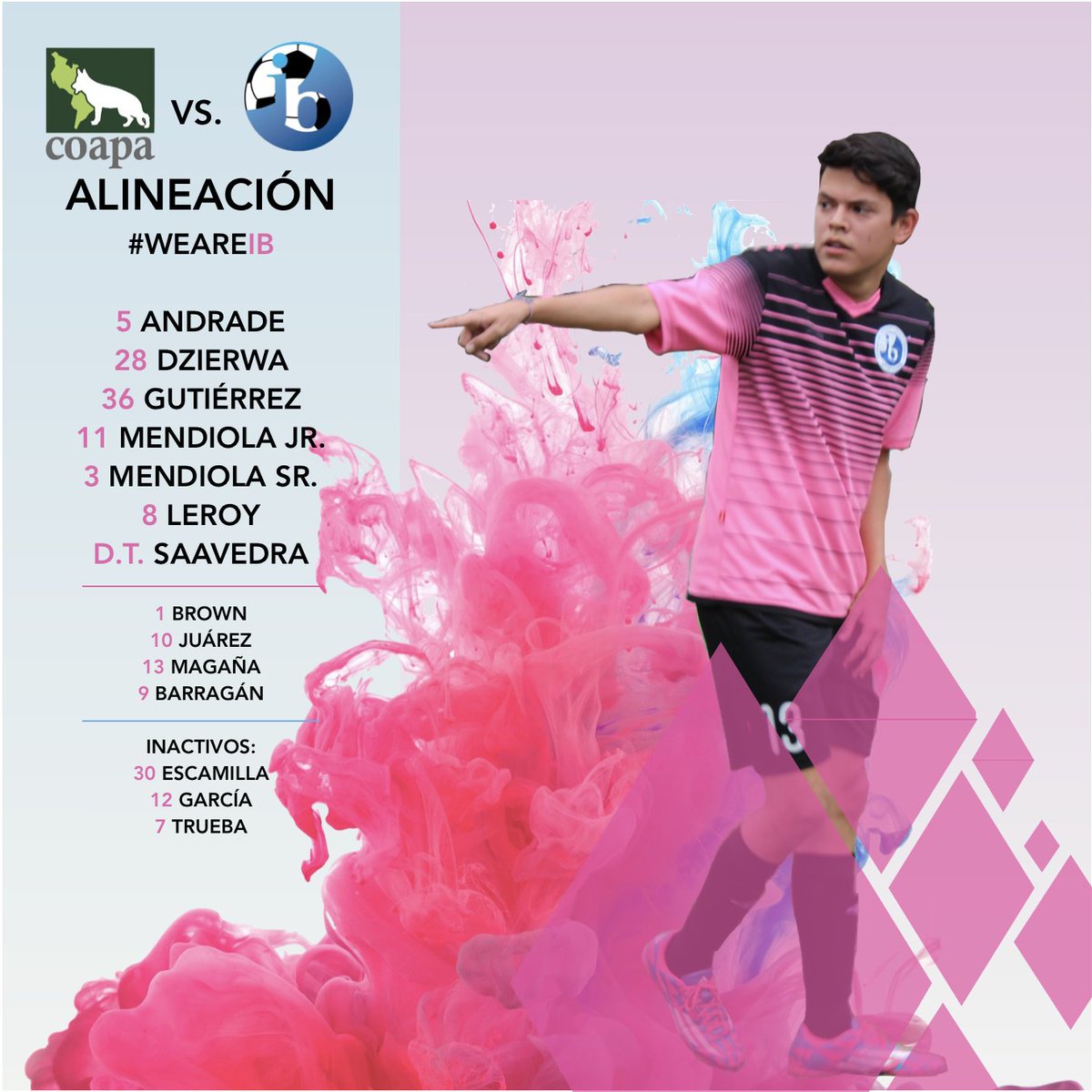 The_IBs_FC's tweet photo. #TheIBs salió con está alineación y ganamos con goles de @estebanzg56, @El_FedexMG, @LeroyLAG y @Mendiola698. #WeAreIB #GoPinkOrGoHome https://t.co/ALjPlpXlQk