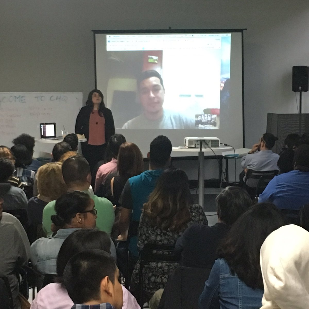 joinpursuit's tweet image. #AccessCode web dev @QCGabe video conferences in for Q&A at tonight's Info Session!