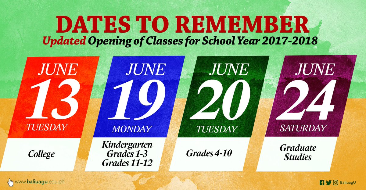 baliuagu's tweet photo. UPDATED: Official Dates to Remember
Opening of Classes for School Year 2017-2018 https://t.co/uDJaVzFAW9